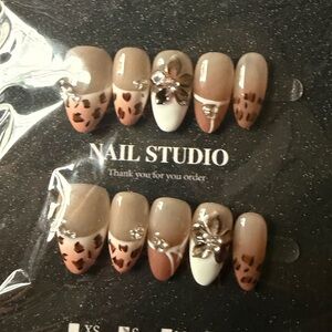 Neutral Leopard French Press-On Nails with 3D Floral Accent